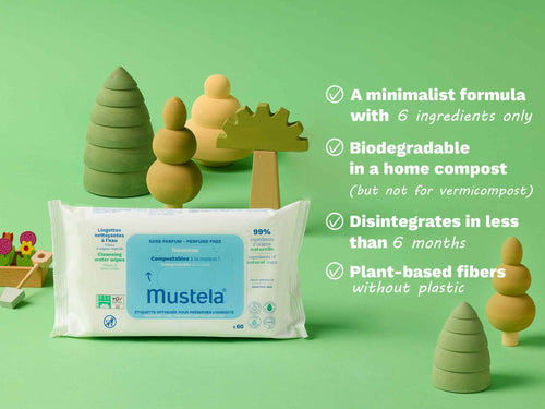Home compostable wipes selling points - biodegradable - disintegrates in less than 6 months - plant-based fibers - Mustela USA - 3