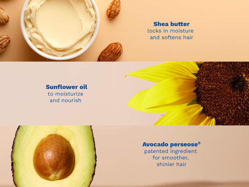 Ingredients display featuring shea butter, sunflower oil, and an avocado half, with text describing their moisturizing and nourishing properties. - Mustela USA - 3