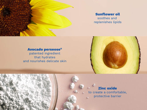 Images of sunflower, avocado, and zinc powder highlighting key skin-soothing ingredients: sunflower oil, avocado perseose, and zinc oxide. - Mustela USA - 3