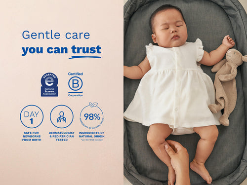 Sleeping baby lying in a bassinet beside product trust badges, highlighting gentle care, safety from birth, dermatologist testing, and 98% natural-origin ingredients - Mustela USA - 4