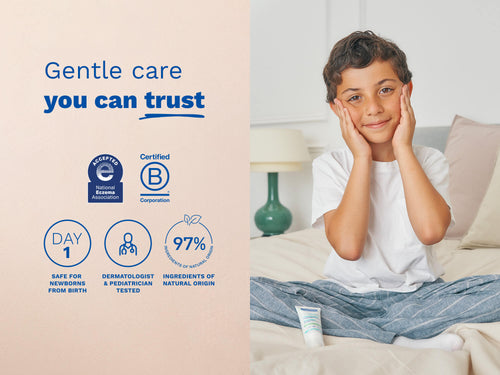 Child applying face cream next to eczema and safety certification icons. - Mustela USA - 3