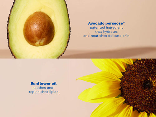 Close-up of a sliced avocado and a bright yellow sunflower on soft beige backgrounds. - Mustela USA - 3