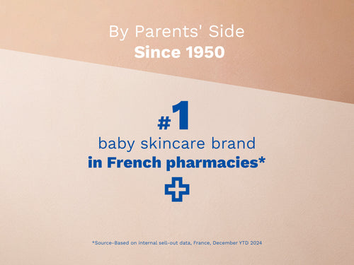Beige graphic background with blue and white text stating brand heritage and ranking in French pharmacies. - Mustela USA - 7