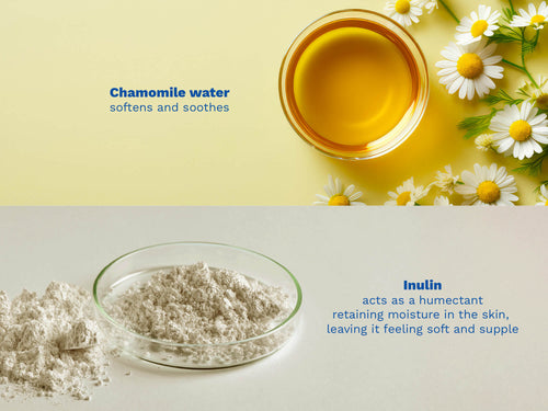 Chamomile flowers with a bowl of golden liquid, and a glass dish filled with white powder on neutral backgrounds. - Mustela USA - 3