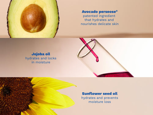Close-up images of an avocado half, a dropper with pink liquid, and a sunflower on soft backgrounds. - Mustela USA - 3