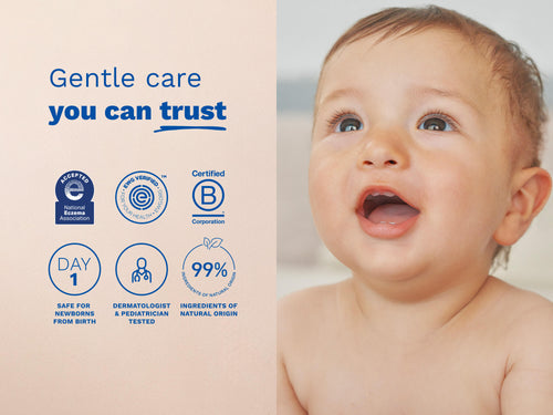 Smiling baby next to eczema and safety certification icons. - Mustela USA - 4