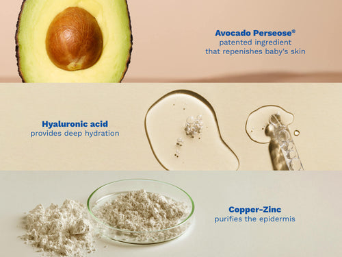Mustela USA | A three-panel ingredient visual. Top panel: a halved avocado with the label "Avocado Perseose®, patented ingredient that replenishes baby's skin." Middle panel: a close-up of a serum texture with the label "Hyaluronic acid, provides deep hydration." Bottom panel: a petri dish filled with fine white powder labeled "Copper-Zinc, purifies the epidermis. - Mustela USA - 4
