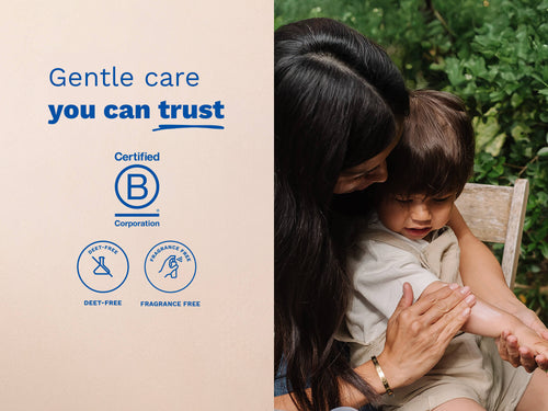 Mustela USA | A mother tenderly embraces her young child outdoors near green foliage. The left panel features the headline "Gentle care you can trust," along with the Certified B Corporation logo and two product badges: DEET-free and fragrance-free. - Mustela USA - 3