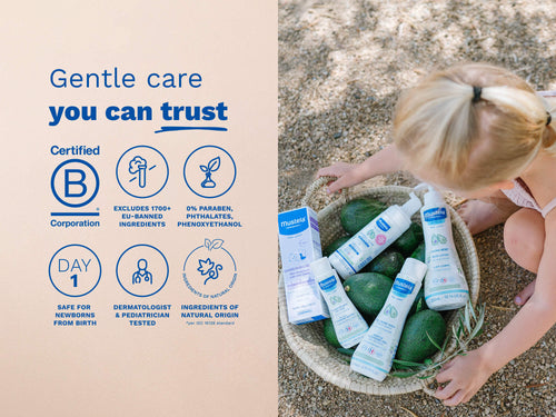 Mustela USA | Young child reaching into a basket of avocados and Mustela skincare products, alongside trust icons highlighting B Corp certification, 0% parabens, and dermatologist-tested ingredients safe from birth. - Mustela USA - 4