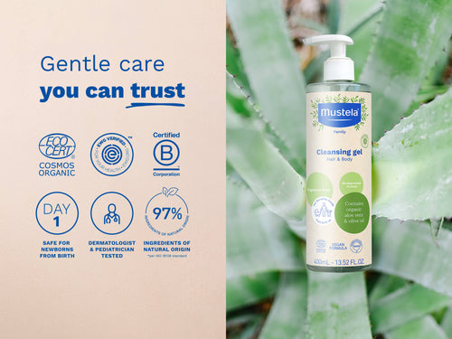 Mustela USA | Mustela cleansing gel bottle with certification logos on a beige background - Mustela USA - 4