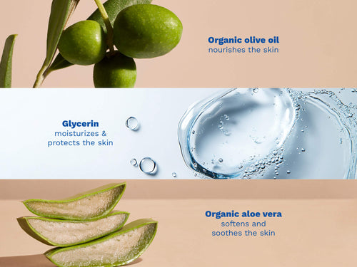 Mustela USA | Three key ingredients: Organic olive oil (nourishes the skin), Glycerin (moisturizes and protects the skin), and Organic aloe vera (softens and soothes the skin), each illustrated with a close-up photo. - Mustela USA - 4