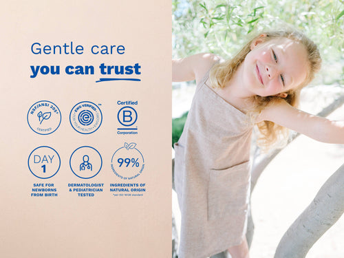 Mustela USA | Smiling girl leaning on a tree outdoors. Text: Gentle care you can trust. Certified NSF/ANSI 305, EWG Verified, and B Corporation. Safe for newborns from birth, dermatologist and pediatrician tested, 99% ingredients of natural origin. - Mustela USA - 3