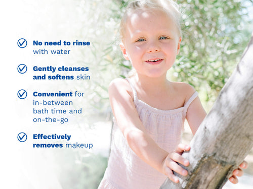 Mustela USA | Smiling young girl outdoors in a sunny garden. Key product benefits: no need to rinse with water, gently cleanses and softens skin, convenient for in-between bath time and on-the-go, effectively removes makeup. - Mustela USA - 2