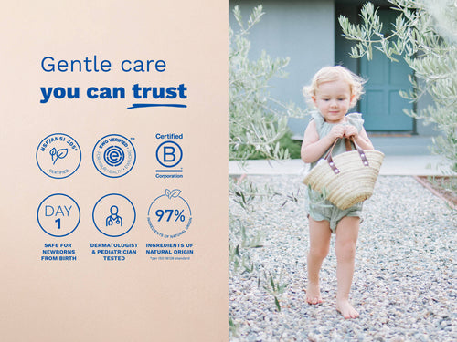 Mustela USA | Toddler walking barefoot outdoors carrying a straw basket. Text: Gentle care you can trust. Certified NSF/ANSI 305, EWG Verified, and B Corporation. Safe for newborns from birth, dermatologist and pediatrician tested, 97% ingredients of natural origin - Mustela USA - 3