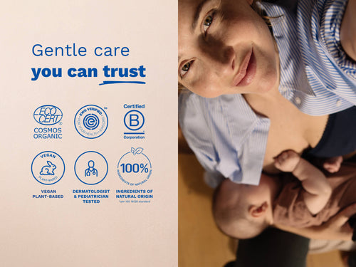 Mustela USA | A mother gazes down at her newborn. Text reads "Gentle care you can trust," with six badges: ECOCERT Cosmos Organic, EWG Verified, Certified B Corporation, Vegan Plant-Based, Dermatologist and Pediatrician Tested, and 100% Natural Origin ingredients. - Mustela USA - 3