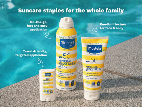 Mustela USA | Mustela sunscreen products by a poolside with text highlighting features. - Mustela USA - 3
