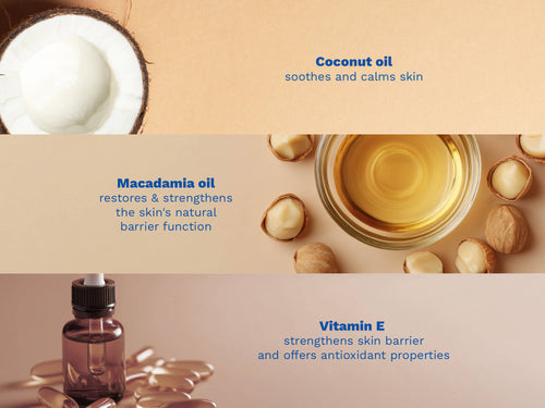 Mustela USA | Three key ingredients in Mustela sunscreen, each shown with a close-up photo: Coconut oil, which soothes and calms skin; Macadamia oil, which restores and strengthens the skin's natural barrier function; and Vitamin E, which strengthens the skin barrier and offers antioxidant properties. - Mustela USA - 5