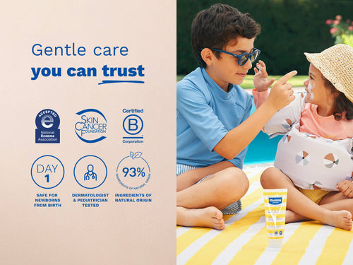 Mustela USA | Two children sitting outdoors by a pool on a striped towel, one applying Mustela sunscreen to the other's face. Text reads: Gentle care you can trust. Logos include National Eczema Association, Skin Cancer Foundation, and Certified B Corporation. Icons highlight: Safe for newborns from birth, Dermatologist & Pediatrician Tested, 93% Ingredients of Natural Origin. Mustela SPF 50 sunscreen bottle visible in the foreground - Mustela USA - 4