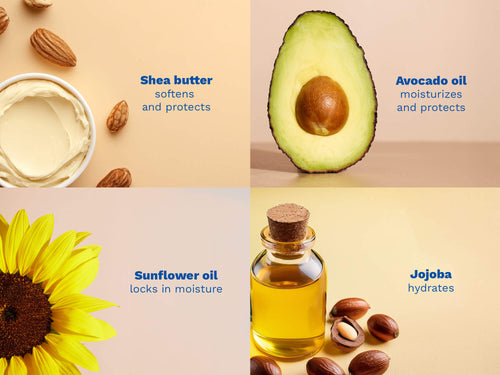 Mustela USA | Collage of shea butter, avocado oil, sunflower oil, and jojoba oil with descriptive text on a beige background. - Mustela USA - 5