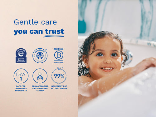 Smiling child in bathtub next to safety and certification icons. - Mustela USA - 3