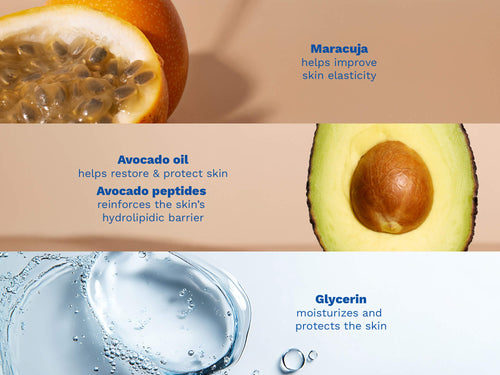 Mustela USA | Product advertisement with images of a passion fruit, avocado, and water droplets, highlighting their benefits for skin health. - Mustela USA - 4