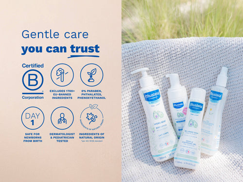 Mustela USA | Mustela baby skincare products including Hydra Bébé Body Lotion and Gentle Cleansing Gel, with trust icons highlighting B Corp certification, 0% parabens, and dermatologist-tested formula safe from birth. - Mustela USA - 3