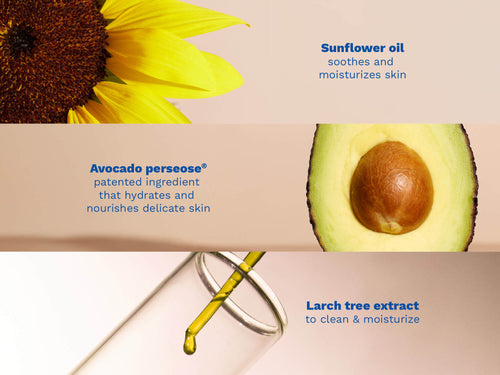 Close-up images of a sunflower, a sliced avocado, and a glass dropper with yellow liquid on soft beige backgrounds. - Mustela USA - 3