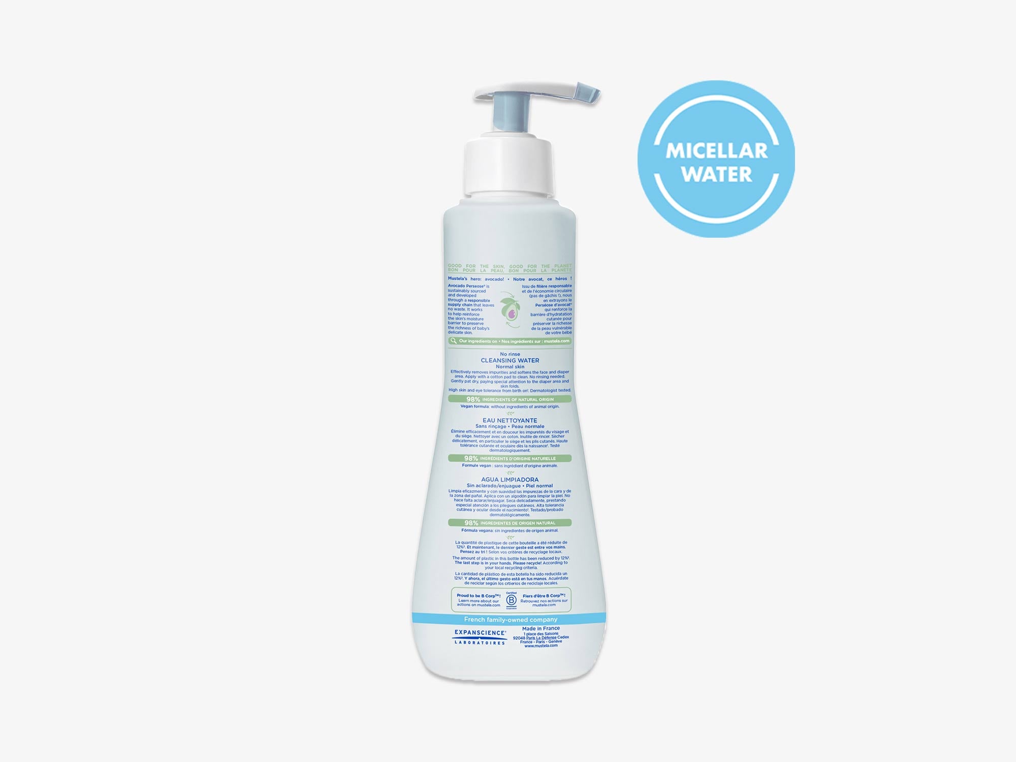 Mustela Baby Cleansing Water, No-Rinse Micellar Water with Natural Avocado  & Aloe Vera for Baby's Face, Body & Diaper 25.35 fl oz, 2-pack