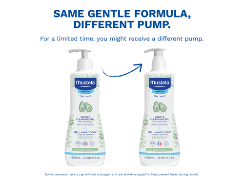 Mustela Gentle Cleansing Gel 500mL bottle shown twice side by side on a white background, with promotional text above reading 'SAME GENTLE FORMULA, DIFFERENT PUMP.' and a blue arrow pointing from the left bottle to the right bottle. - Mustela USA - 2