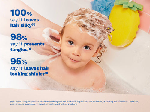 Young child in a bubble bath with shampoo foam on their head, with an adult’s hands washing their hair and text on the left side. - Mustela USA - 2