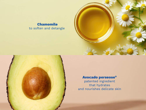 Chamomile flowers with a bowl of golden liquid, and a close-up of a sliced avocado on soft backgrounds. - Mustela USA - 3