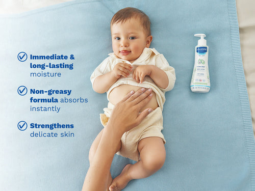 Mustela USA | Baby lying on a blue blanket while a parent applies lotion to their tummy. - Mustela USA - 4