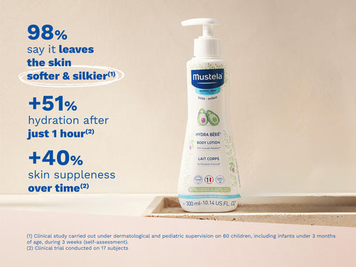 Mustela USA | Bottle of Mustela Hydra Bébé Body Lotion placed on a beige surface. - Mustela USA - 2