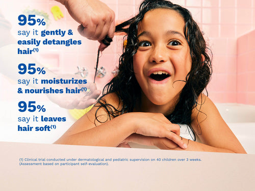 Mustela USA | Smiling child with wet curly hair leaning on a bathtub edge while an adult gently detangles her hair with conditioner. On-screen text highlights benefits: gently detangles, moisturizes, nourishes, and leaves hair soft. - Mustela USA - 2