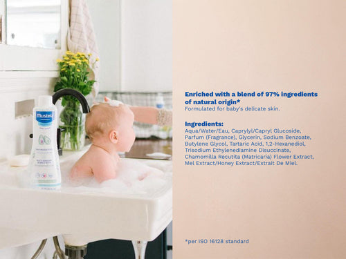 baby in sink with bubbles and 97% ingredients of natural origin - Mustela USA - 5