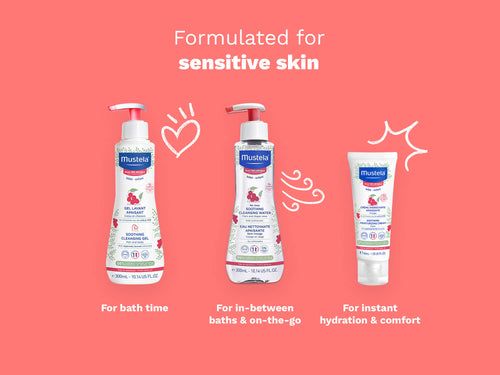 Mustela Sensitive Skin range displayed on coral background. - Mustela USA - 6