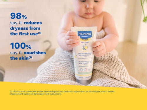 Baby holding Mustela Nourishing Lotion with Cold Cream. - Mustela USA - 5