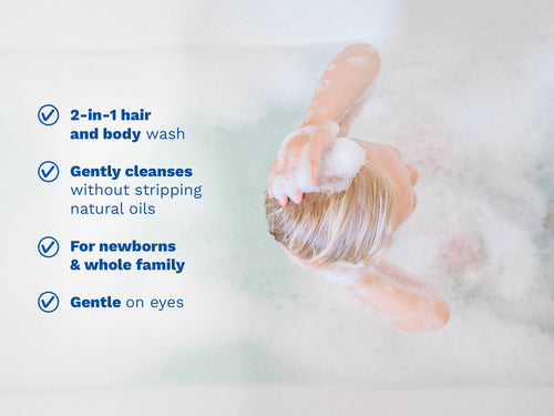 Person washing hair with a 2-in-1 hair and body wash product, with text highlighting its benefits. - Mustela USA - 2
