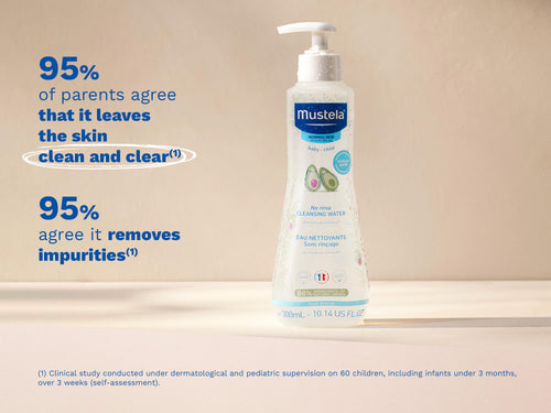 Mustela USA | Bottle of Mustela No Rinse Cleansing Water with droplets on a beige surface. - Mustela USA - 2