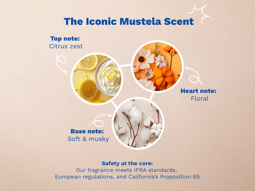 Mustela USA | Graphic showing citrus, floral, and cotton visuals representing scent notes. - Mustela USA - 6