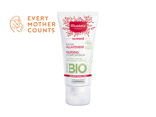 Mustela Nursing Comfort Balm tube on a white background with an 'Every Mother Counts' logo overlay in the top left. - Mustela USA - 1