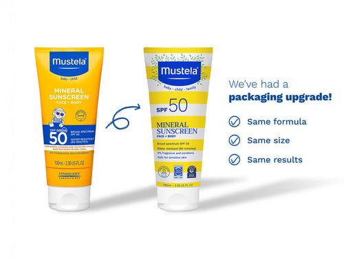 Mustela USA | SPF 50 Mineral Sunscreen Lotion Tube old and new packaging same formula size and results - Mustela USA - 3
