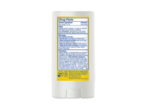 Back of Mustela SPF 50 Mineral Sunscreen Stick – drug facts, zinc oxide, usage directions, warnings, and NSF certification. - Mustela USA - 2