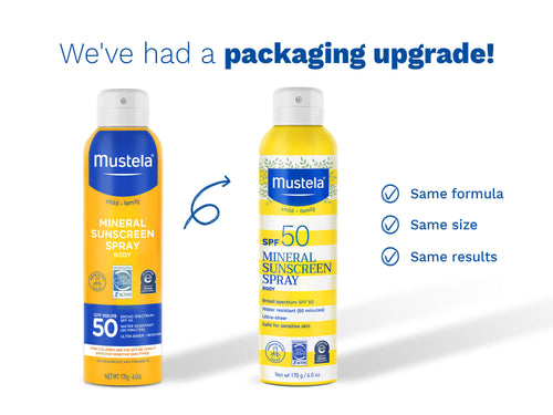 Two bottles of Mustela mineral sunscreen spray with text about a packaging upgrade on a white background. - Mustela USA - 3
