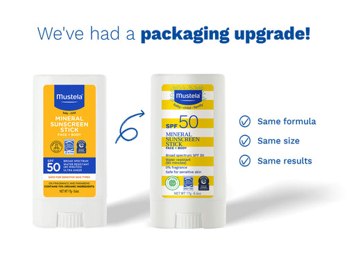 Mustela Mineral Sunscreen Stick SPF 50 – side-by-side packaging upgrade comparison, same formula and size for face and body. - Mustela USA - 4